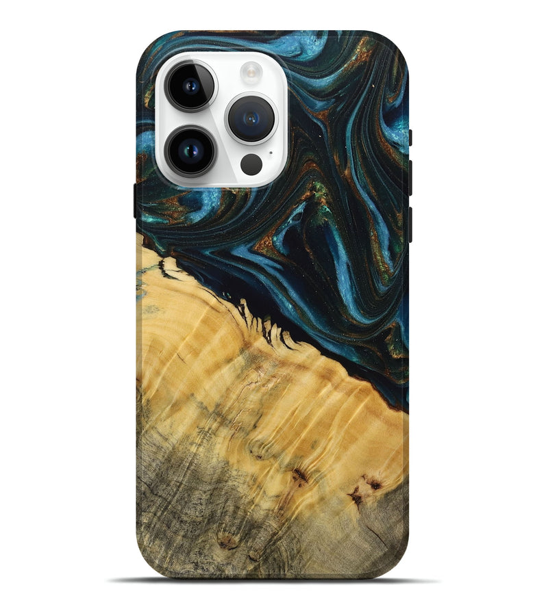 iPhone 15 Pro Max Wood+Resin Live Edge Phone Case - Tiffany (Teal & Gold, 713621)