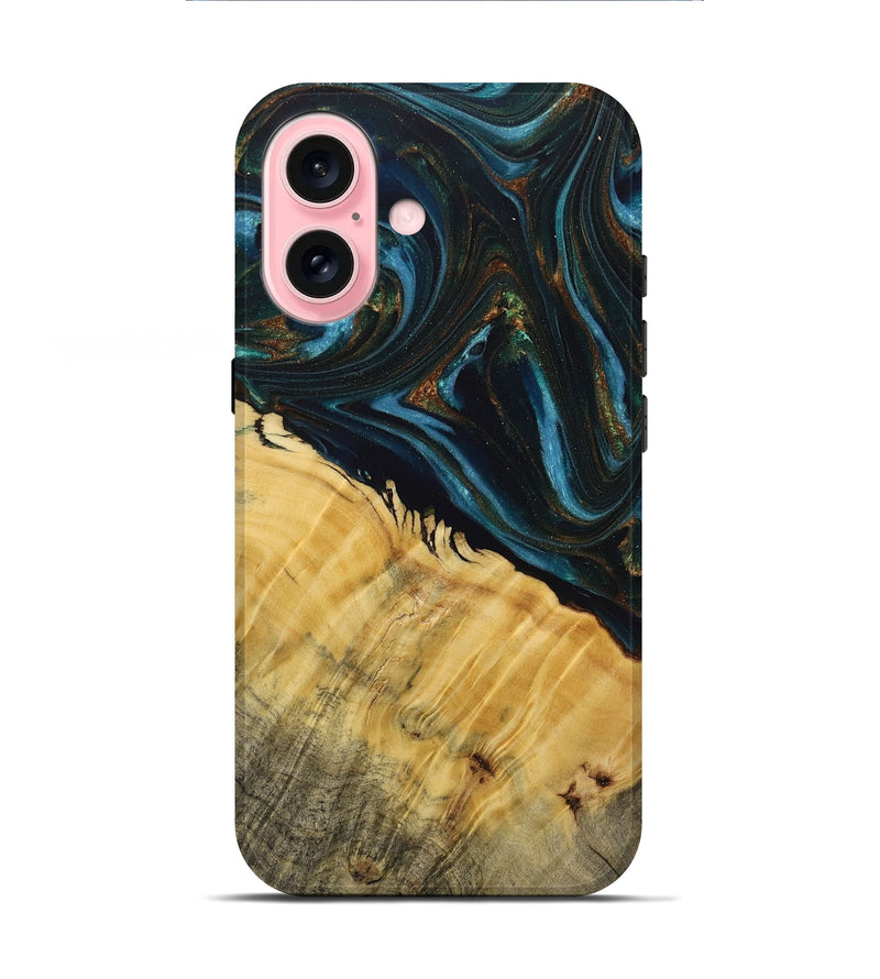 iPhone 16 Wood+Resin Live Edge Phone Case - Tiffany (Teal & Gold, 713621)