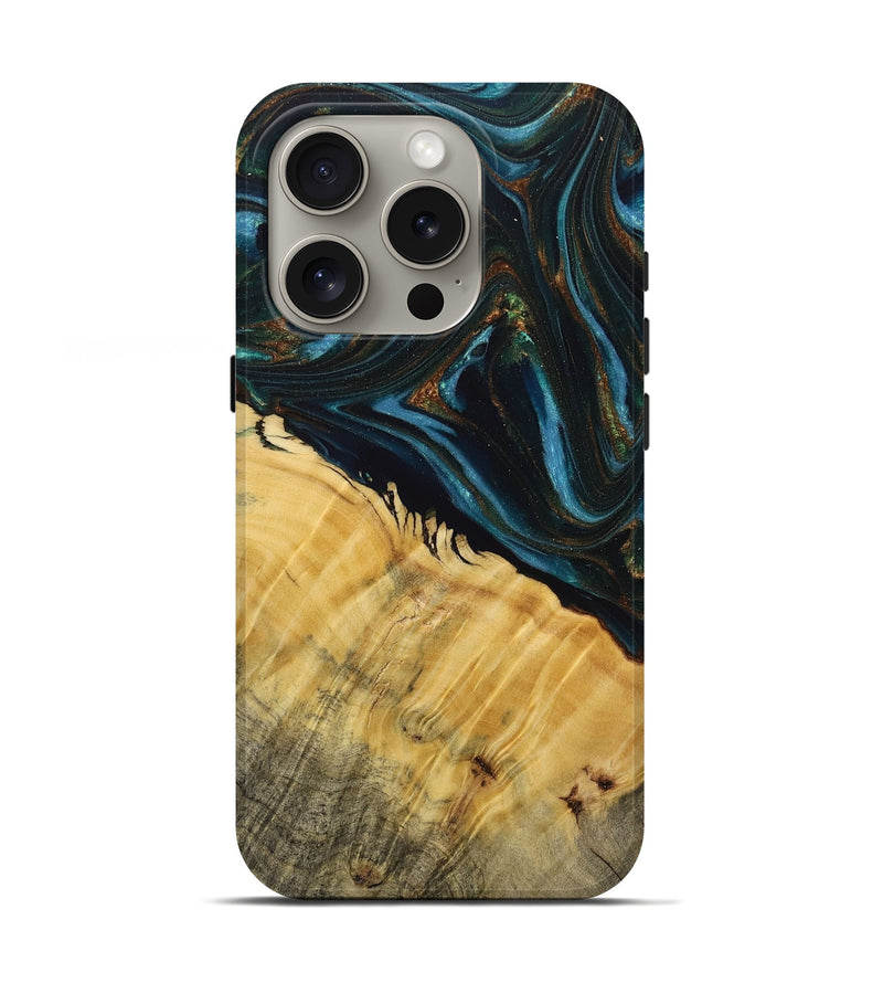 iPhone 16 Pro Wood+Resin Live Edge Phone Case - Tiffany (Teal & Gold, 713621)