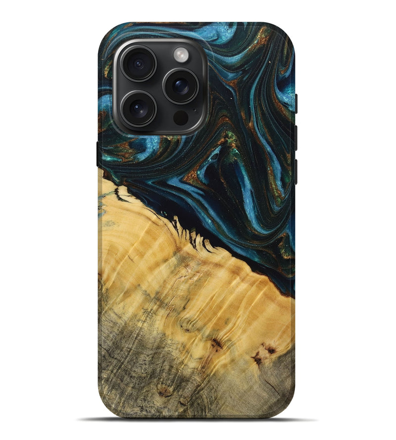 iPhone 16 Pro Max Wood+Resin Live Edge Phone Case - Tiffany (Teal & Gold, 713621)