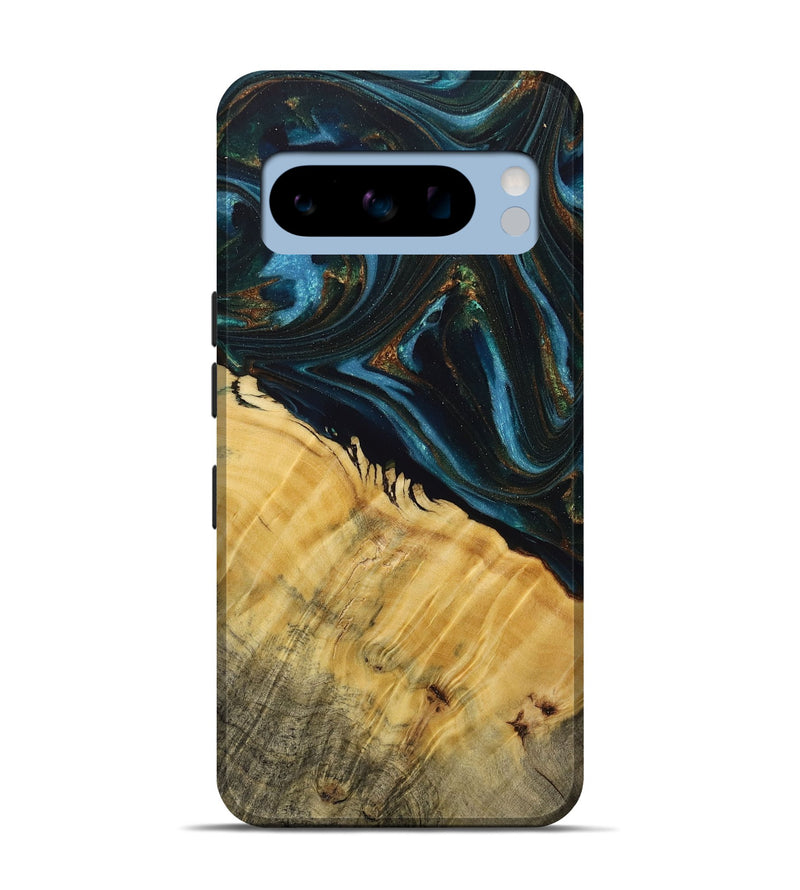 Pixel 8 Pro Wood+Resin Live Edge Phone Case - Tiffany (Teal & Gold, 713621)