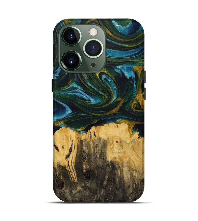 iPhone 13 Pro Wood+Resin Live Edge Phone Case - Shaniqua (Teal & Gold, 713622)