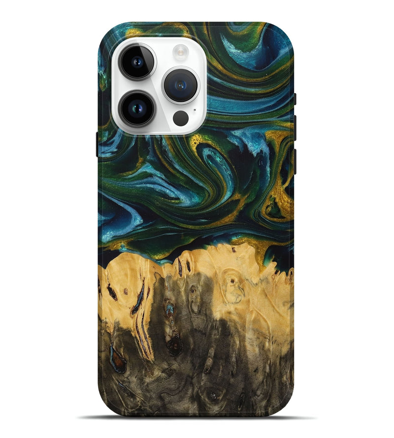 iPhone 15 Pro Max Wood+Resin Live Edge Phone Case - Shaniqua (Teal & Gold, 713622)