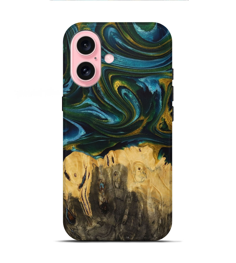 iPhone 16 Wood+Resin Live Edge Phone Case - Shaniqua (Teal & Gold, 713622)