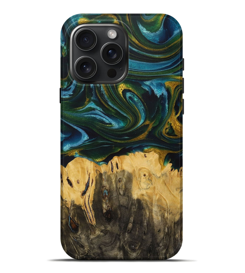 iPhone 16 Pro Max Wood+Resin Live Edge Phone Case - Shaniqua (Teal & Gold, 713622)