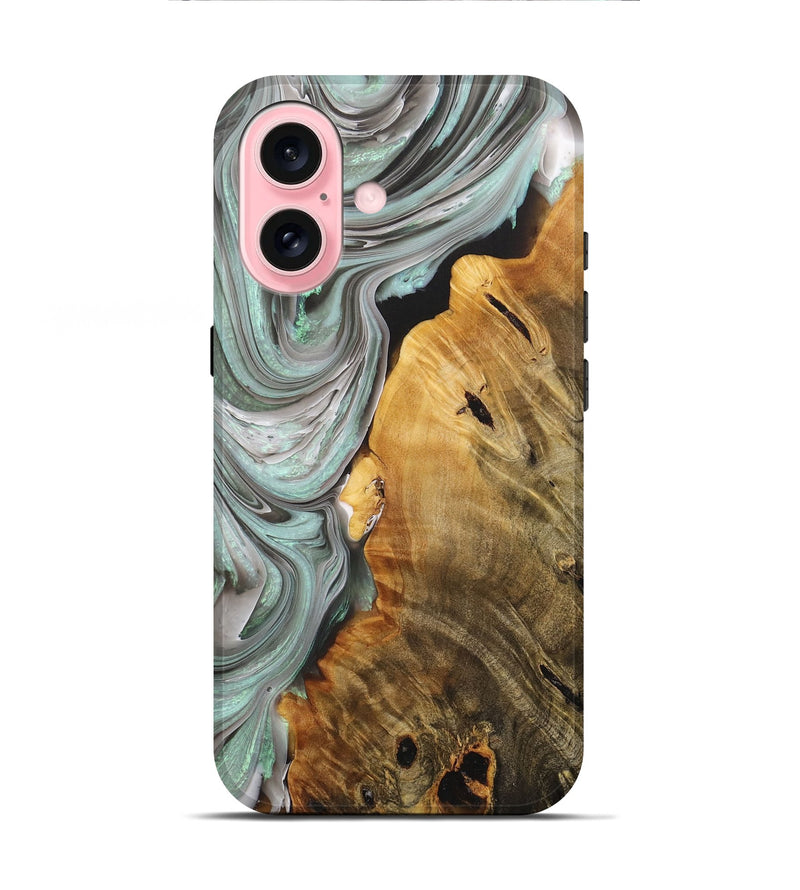 iPhone 16 Wood+Resin Live Edge Phone Case - Clara (Green, 713629)