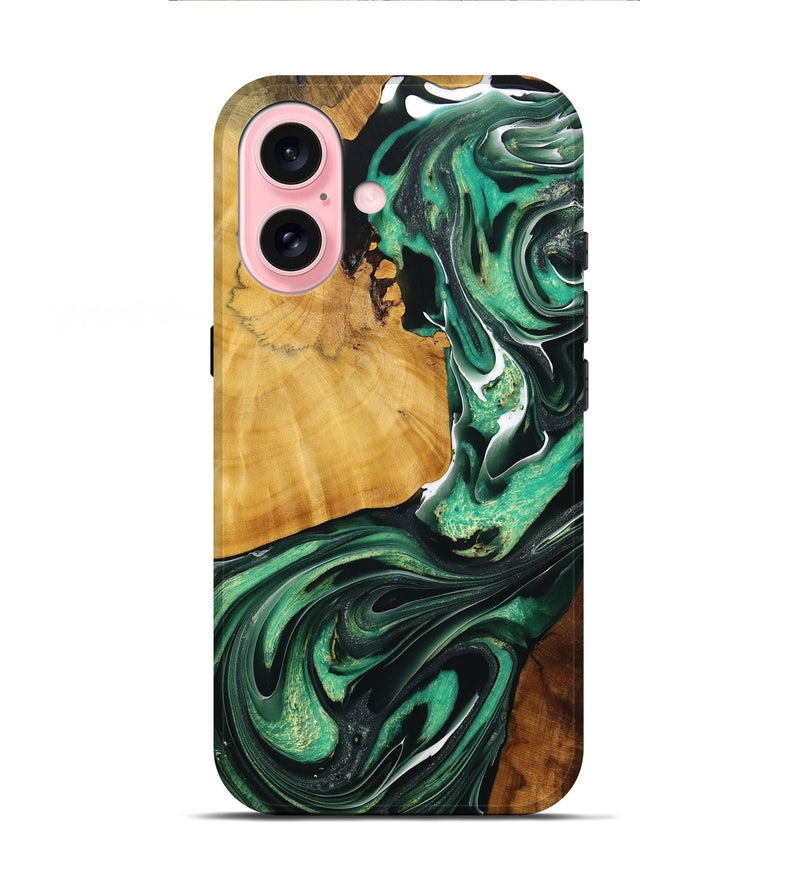 iPhone 16 Wood+Resin Live Edge Phone Case - Minnie (Green, 713632)