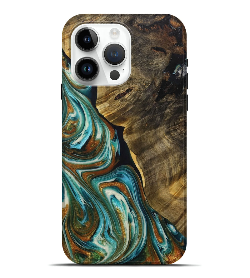 iPhone 15 Pro Max Wood+Resin Live Edge Phone Case - Seth (Teal & Gold, 713635)