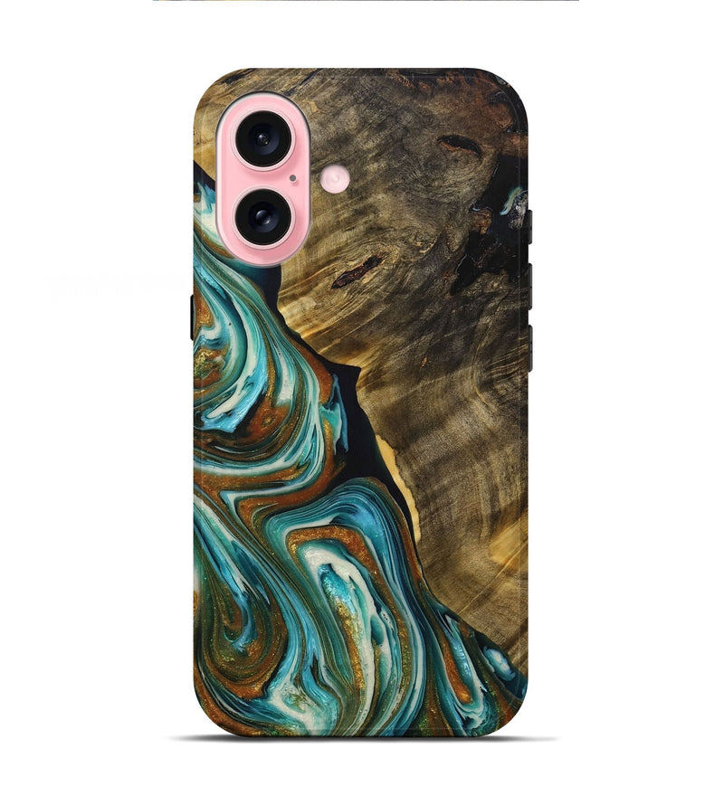 iPhone 16 Wood+Resin Live Edge Phone Case - Seth (Teal & Gold, 713635)