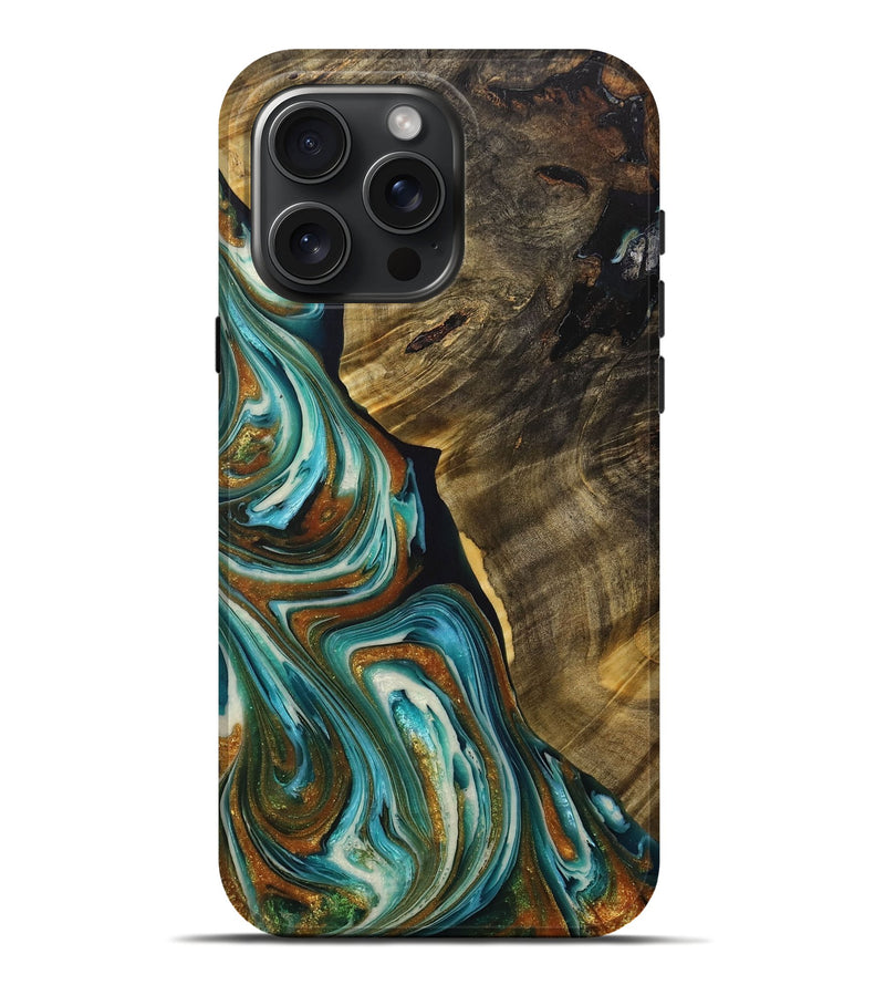 iPhone 16 Pro Max Wood+Resin Live Edge Phone Case - Seth (Teal & Gold, 713635)