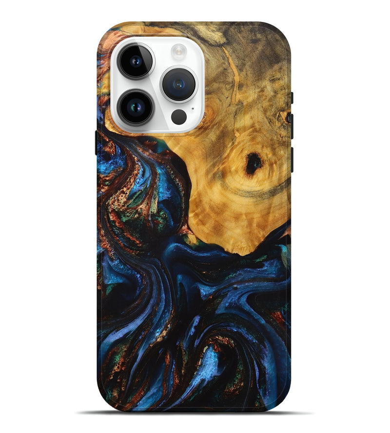 iPhone 15 Pro Max Wood+Resin Live Edge Phone Case - Mike (Teal & Gold, 713636)