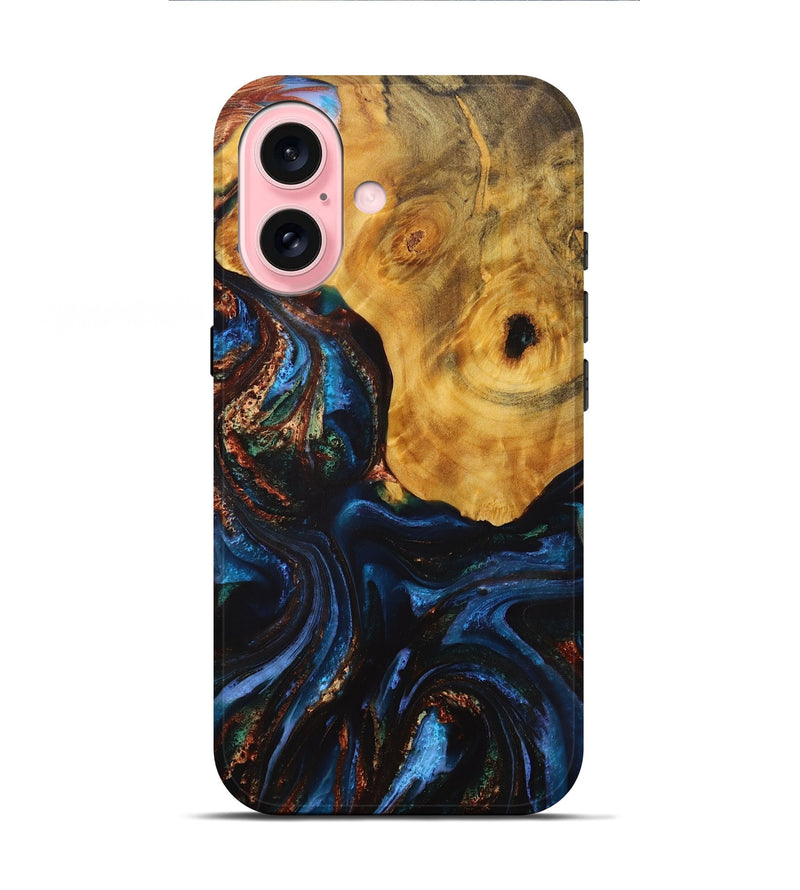 iPhone 16 Wood+Resin Live Edge Phone Case - Mike (Teal & Gold, 713636)