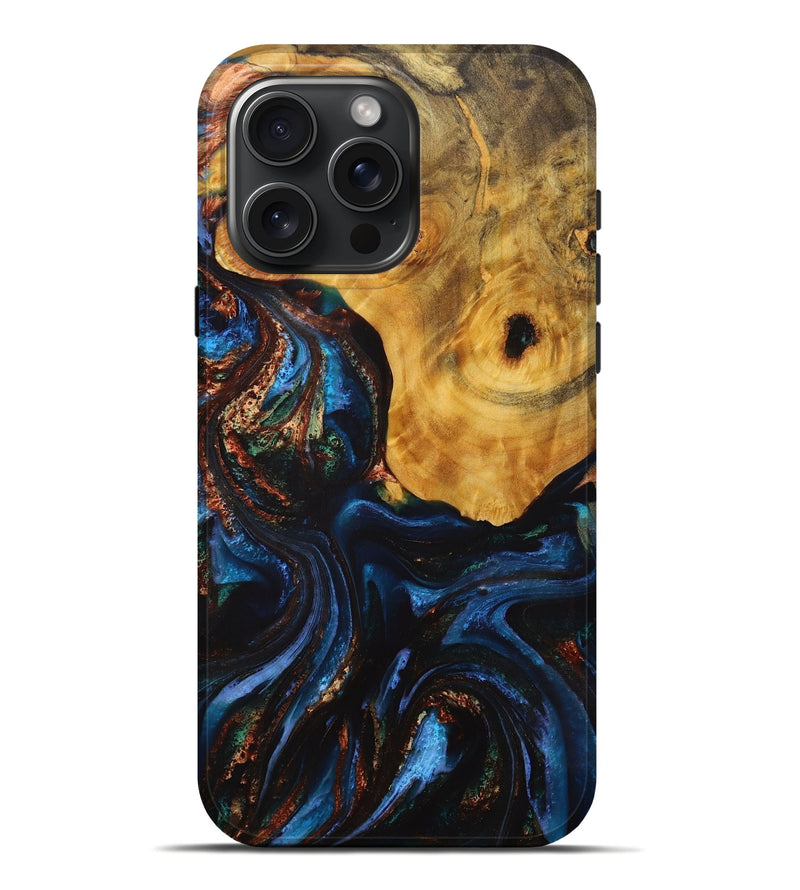 iPhone 16 Pro Max Wood+Resin Live Edge Phone Case - Mike (Teal & Gold, 713636)