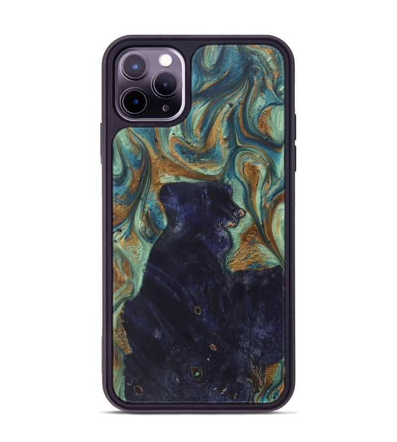 iPhone 11 Pro Max Wood+Resin Phone Case - Miranda (Teal & Gold, 713998)