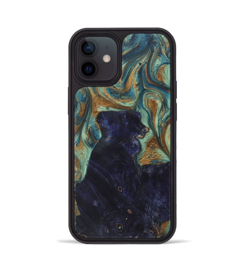 iPhone 12 Wood+Resin Phone Case - Miranda (Teal & Gold, 713998)