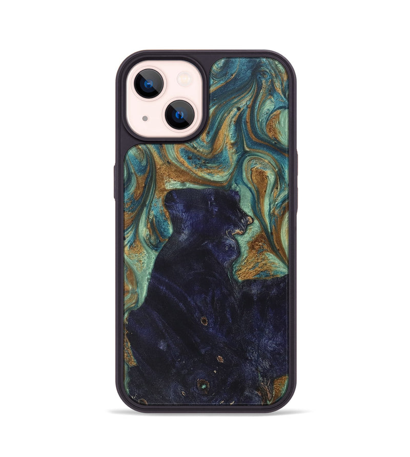 iPhone 14 Wood+Resin Phone Case - Miranda (Teal & Gold, 713998)