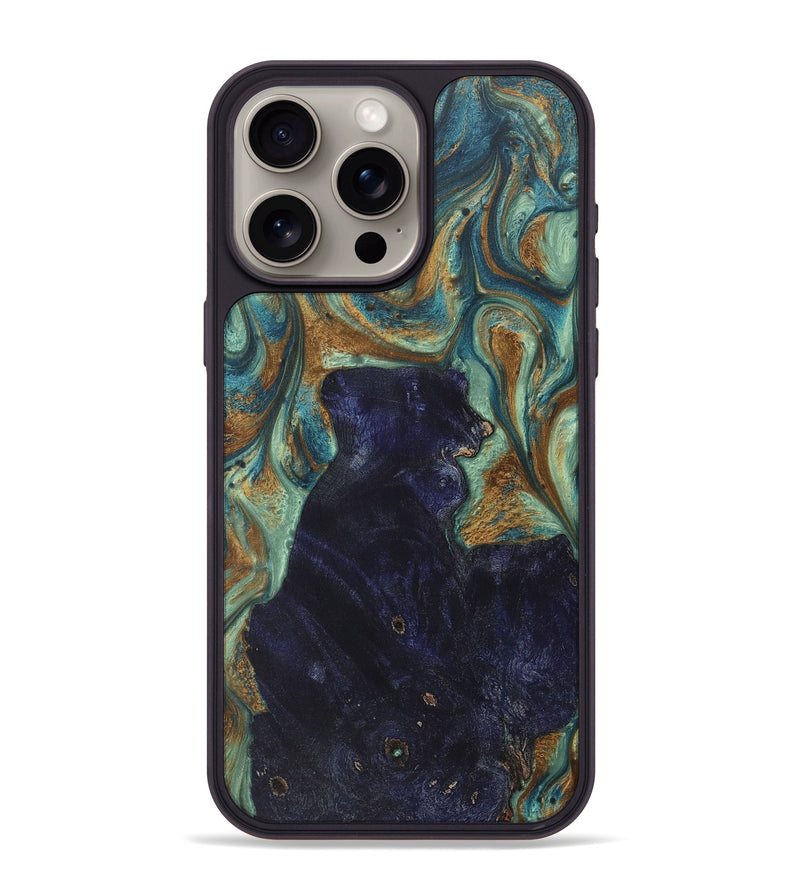 iPhone 15 Pro Max Wood+Resin Phone Case - Miranda (Teal & Gold, 713998)