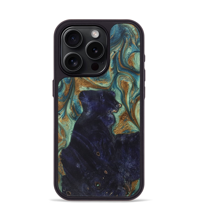 iPhone 15 Pro Wood+Resin Phone Case - Miranda (Teal & Gold, 713998)