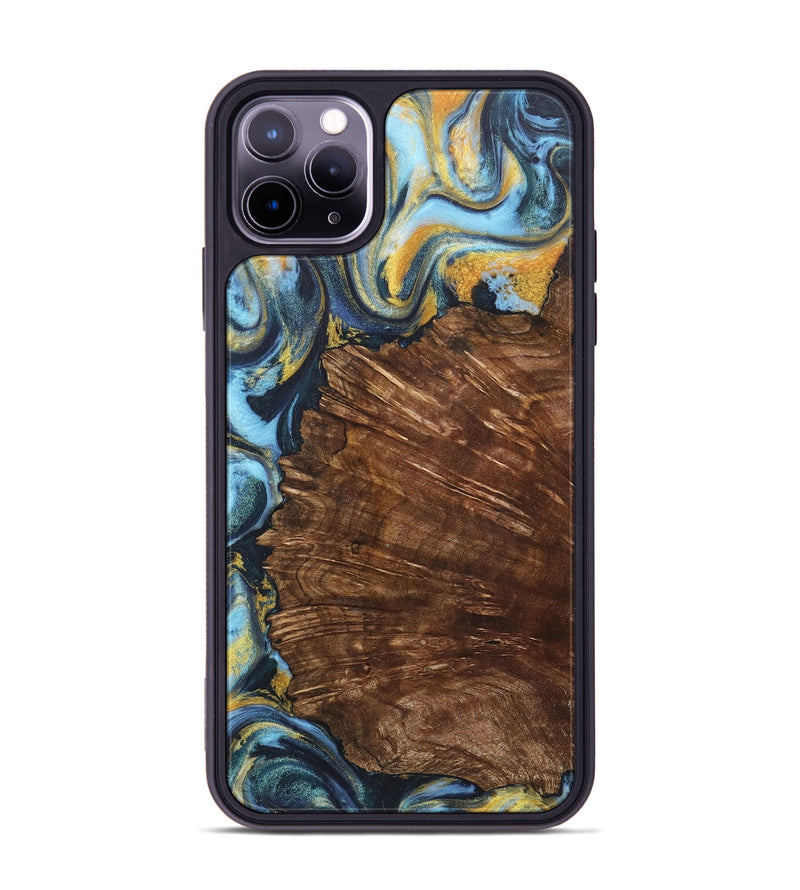 iPhone 11 Pro Max Wood+Resin Phone Case - Nataly (Teal & Gold, 714059)