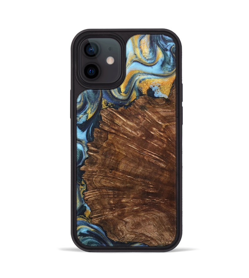 iPhone 12 Wood+Resin Phone Case - Nataly (Teal & Gold, 714059)