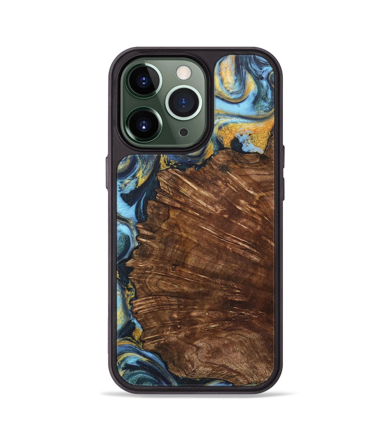 iPhone 13 Pro Wood+Resin Phone Case - Nataly (Teal & Gold, 714059)