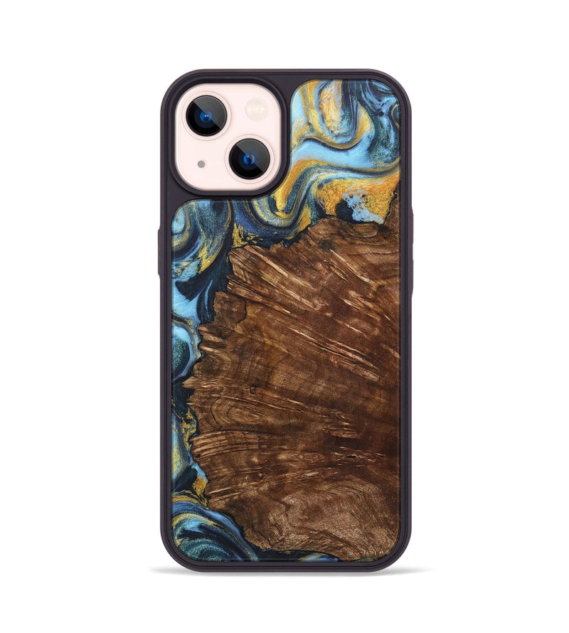 iPhone 14 Wood+Resin Phone Case - Nataly (Teal & Gold, 714059)