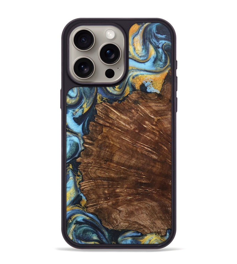 iPhone 15 Pro Max Wood+Resin Phone Case - Nataly (Teal & Gold, 714059)