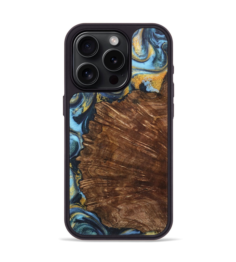 iPhone 15 Pro Wood+Resin Phone Case - Nataly (Teal & Gold, 714059)