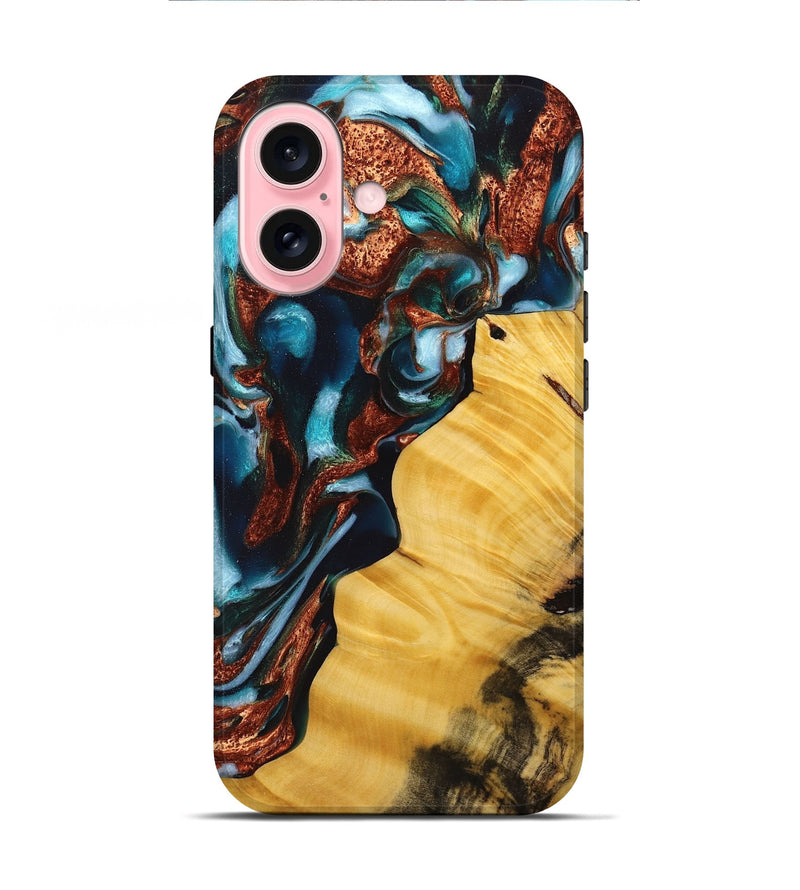 iPhone 16 Wood+Resin Live Edge Phone Case - Cassidy (Teal & Gold, 714103)