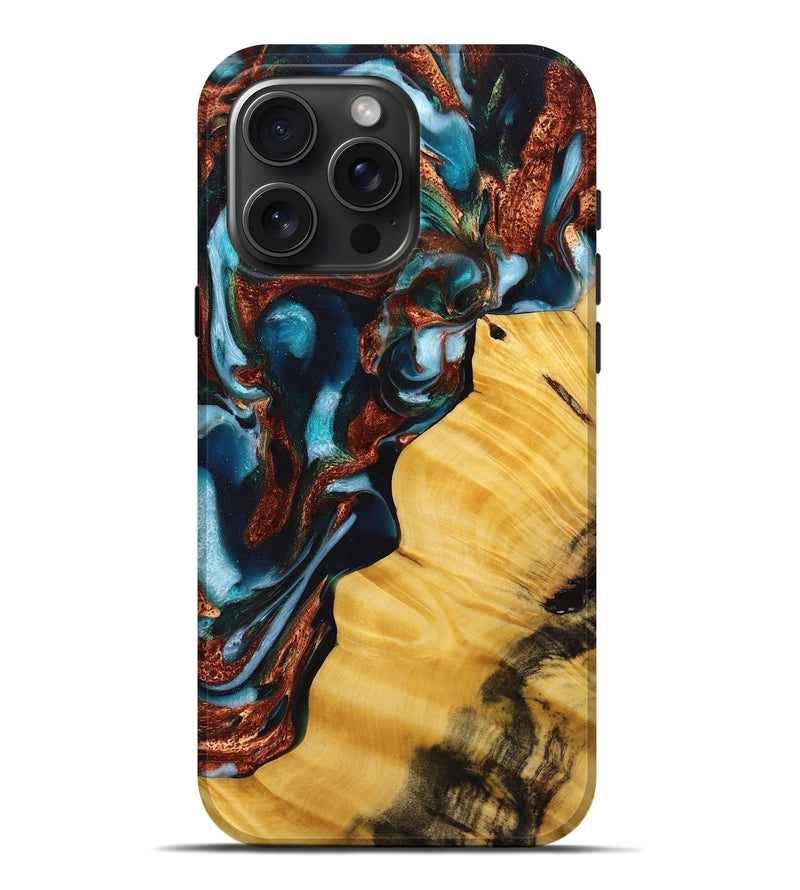 iPhone 16 Pro Max Wood+Resin Live Edge Phone Case - Cassidy (Teal & Gold, 714103)