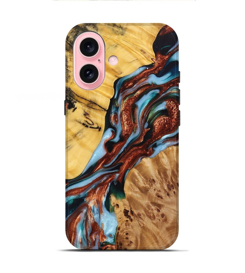 iPhone 16 Wood+Resin Live Edge Phone Case - Olga (Teal & Gold, 714104)