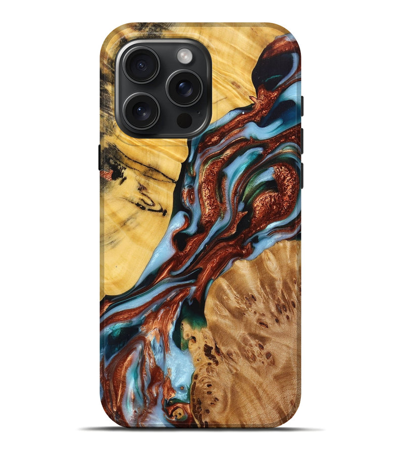 iPhone 16 Pro Max Wood+Resin Live Edge Phone Case - Olga (Teal & Gold, 714104)