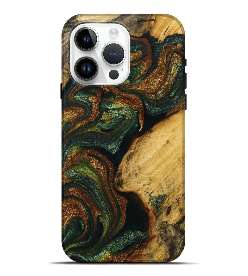 iPhone 15 Pro Max Wood+Resin Live Edge Phone Case - Kyrie (Teal & Gold, 714244)