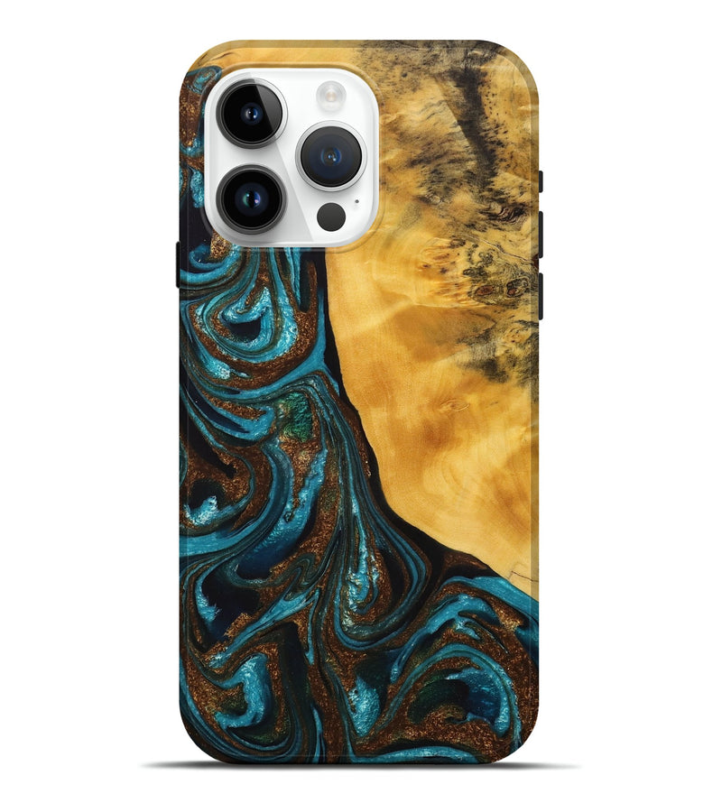 iPhone 15 Pro Max Wood+Resin Live Edge Phone Case - Yaretzi (Teal & Gold, 714262)