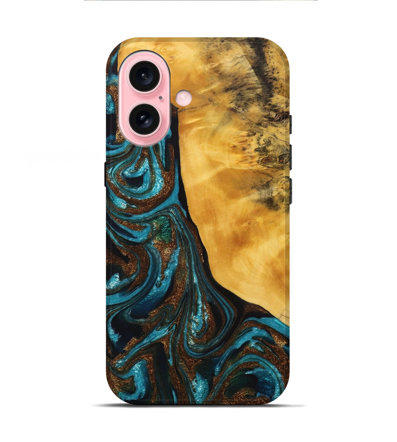 iPhone 16 Wood+Resin Live Edge Phone Case - Yaretzi (Teal & Gold, 714262)