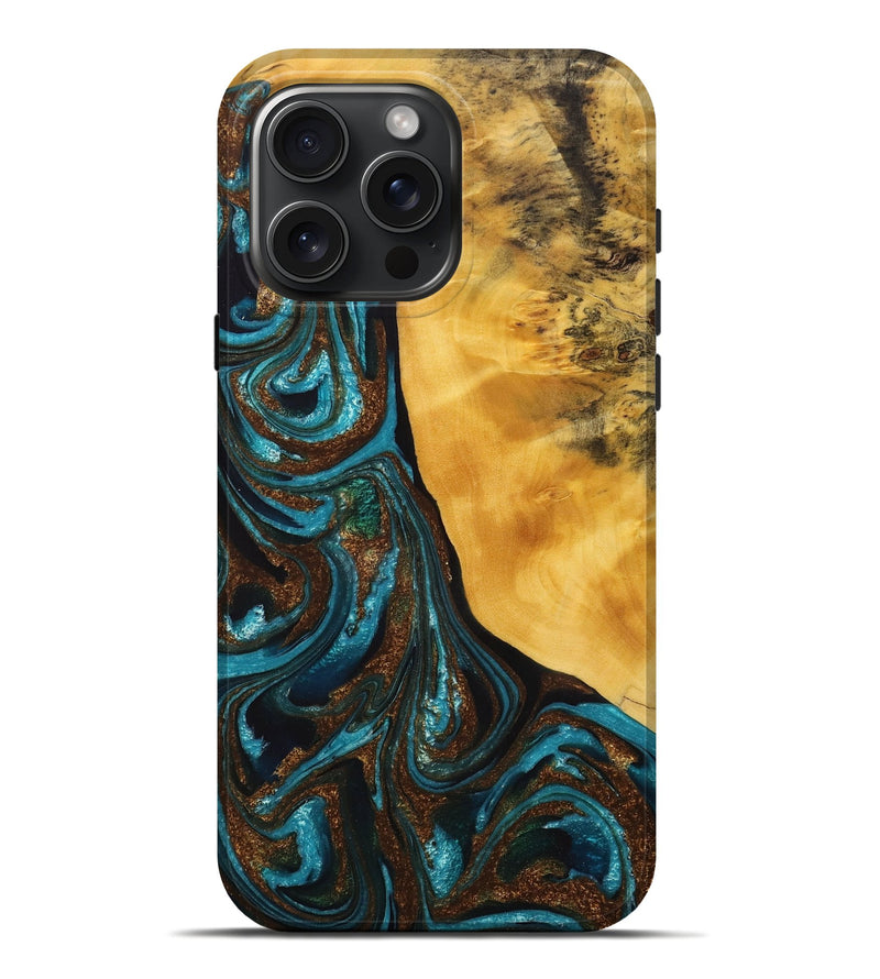 iPhone 16 Pro Max Wood+Resin Live Edge Phone Case - Yaretzi (Teal & Gold, 714262)