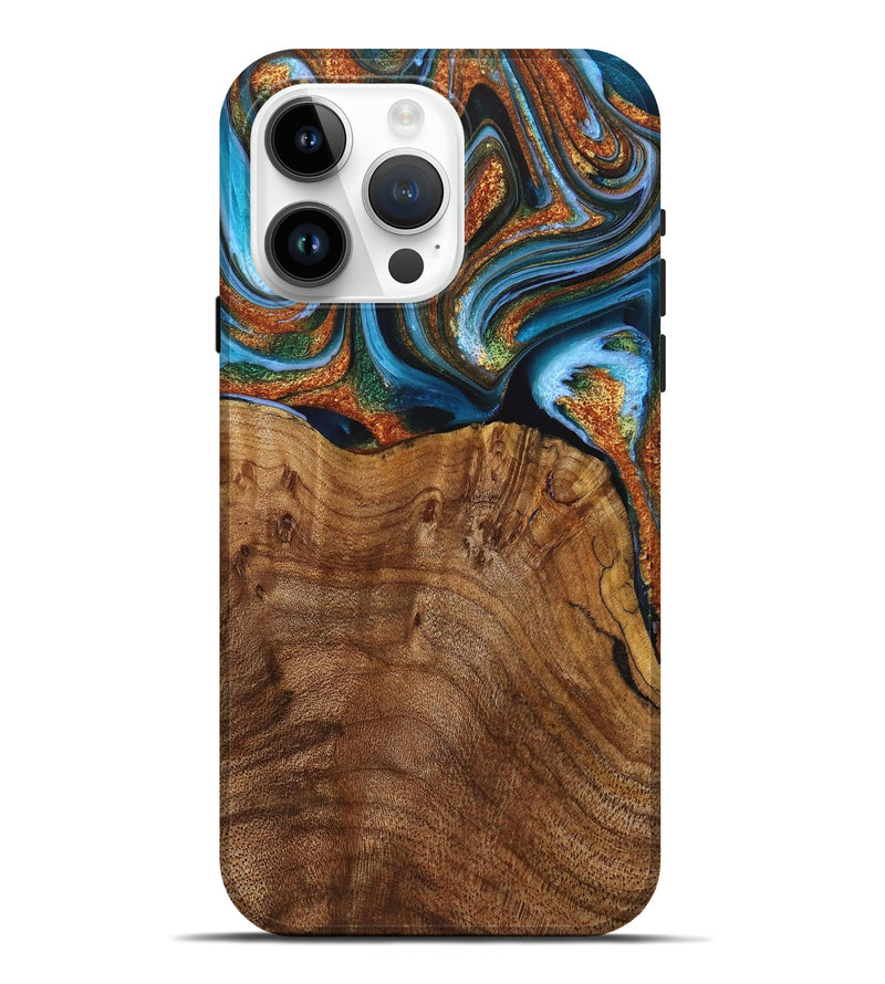 iPhone 15 Pro Max Wood+Resin Live Edge Phone Case - Neal (Teal & Gold, 714265)