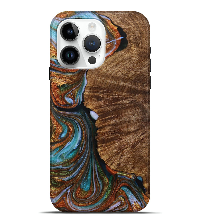 iPhone 15 Pro Max Wood+Resin Live Edge Phone Case - Hugo (Teal & Gold, 714268)