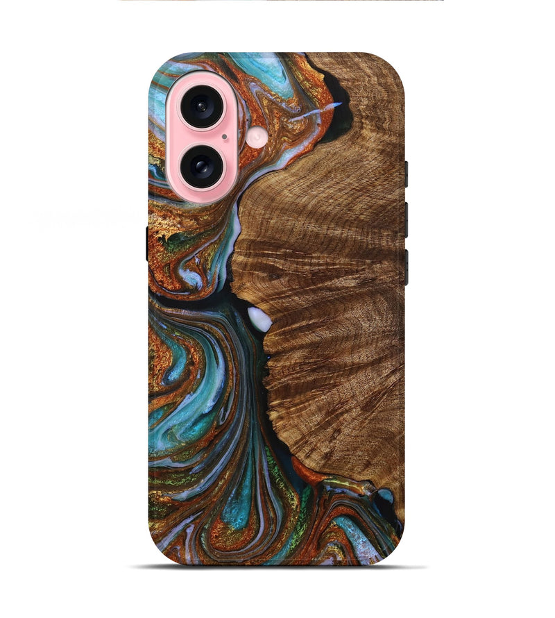 iPhone 16 Wood+Resin Live Edge Phone Case - Hugo (Teal & Gold, 714268)