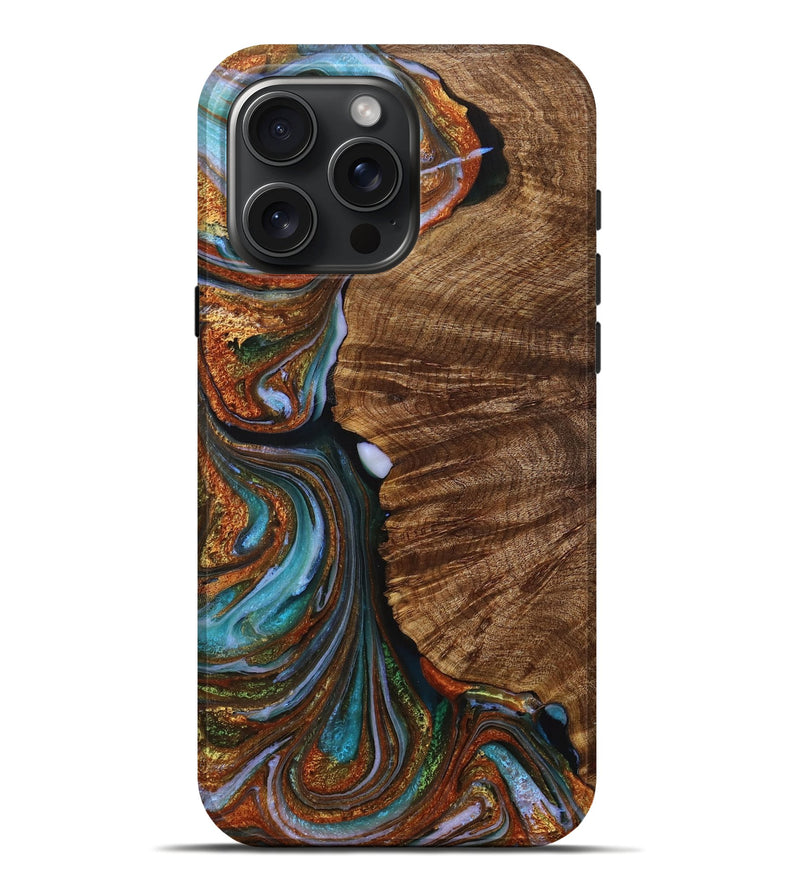 iPhone 16 Pro Max Wood+Resin Live Edge Phone Case - Hugo (Teal & Gold, 714268)