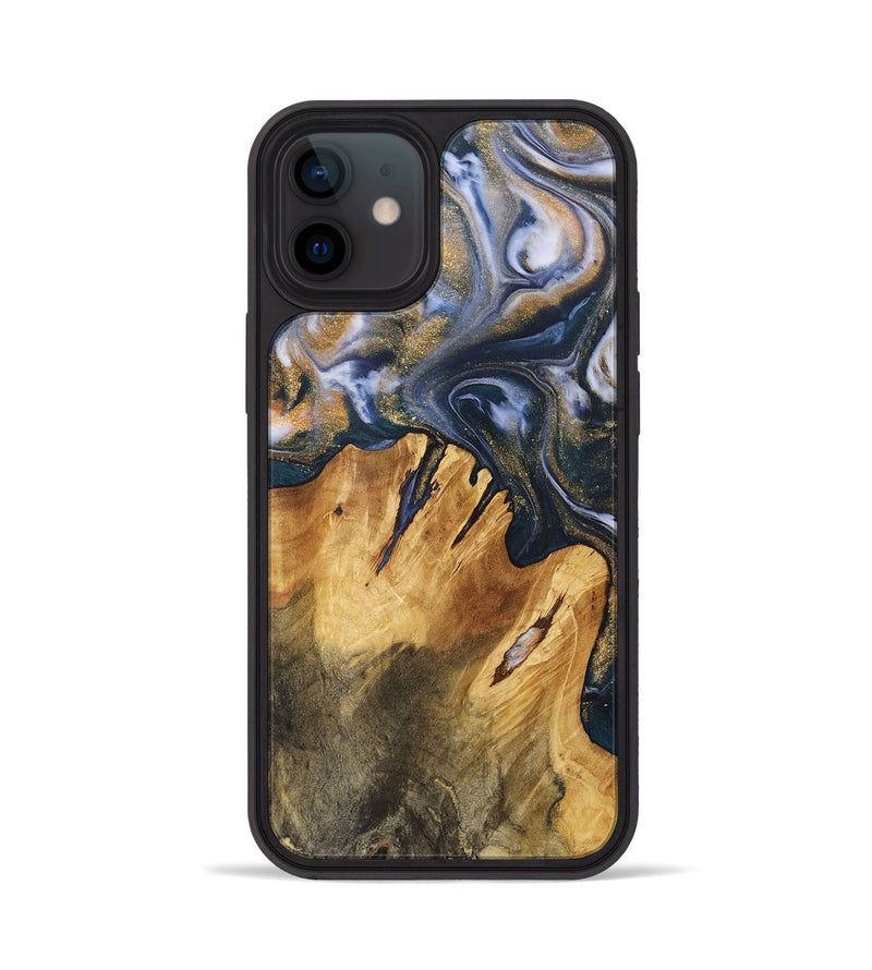 iPhone 12 Wood+Resin Phone Case - Fannie (Teal & Gold, 714605)