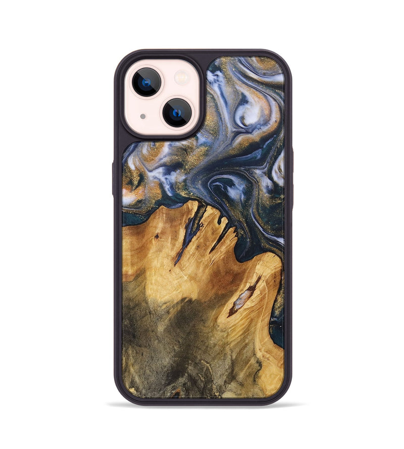 iPhone 14 Wood+Resin Phone Case - Fannie (Teal & Gold, 714605)