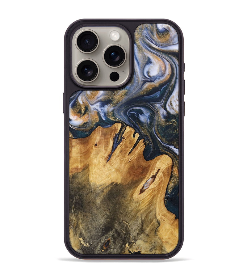 iPhone 15 Pro Max Wood+Resin Phone Case - Fannie (Teal & Gold, 714605)