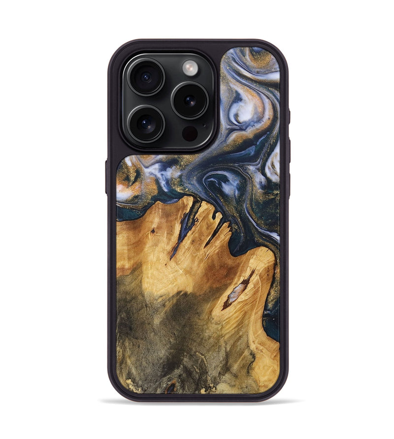 iPhone 15 Pro Wood+Resin Phone Case - Fannie (Teal & Gold, 714605)