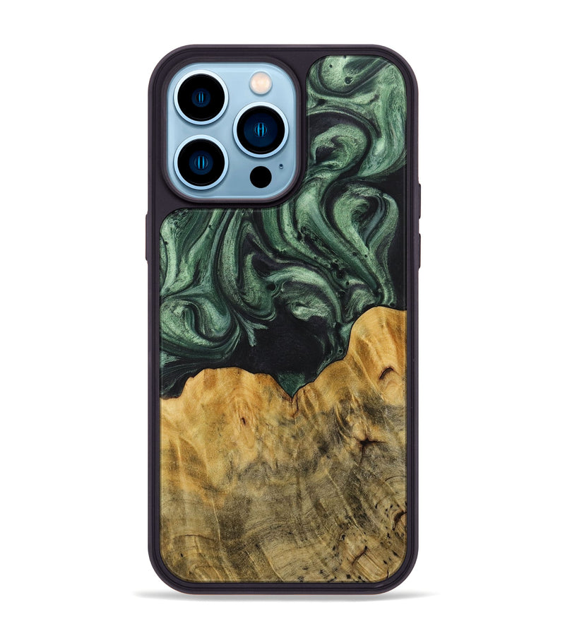 iPhone 14 Pro Max Wood+Resin Phone Case - Cheri (Green, 714644)