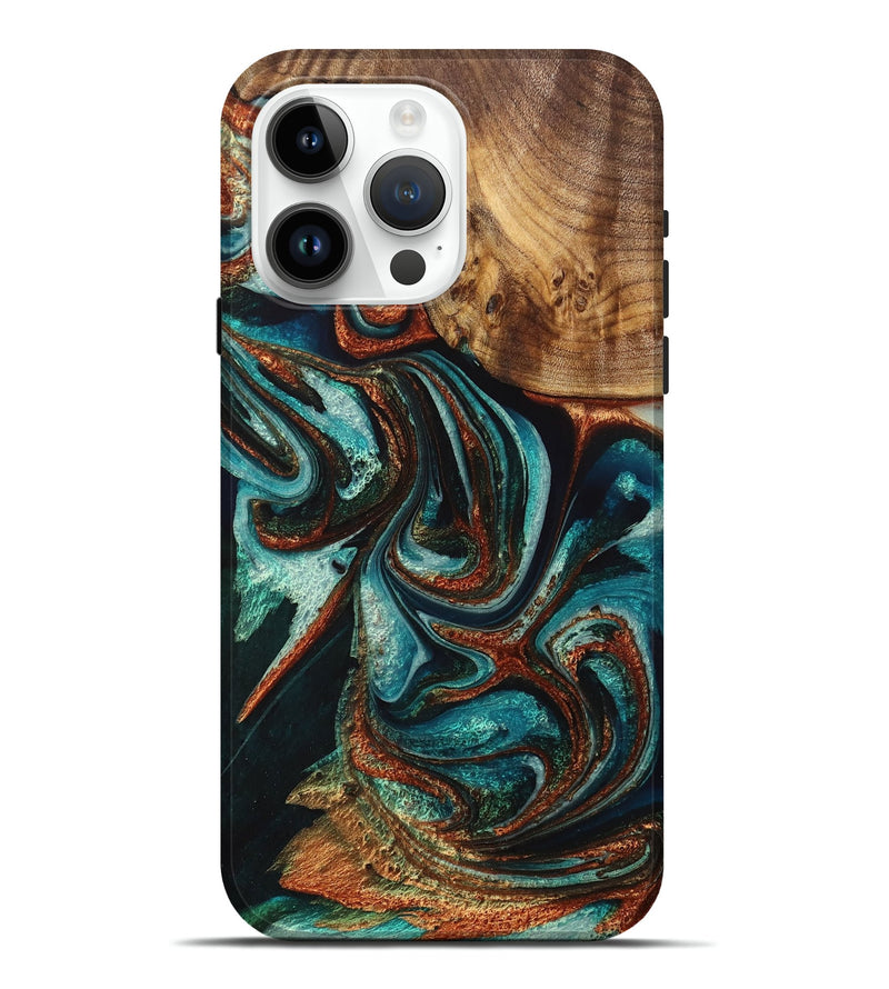 iPhone 15 Pro Max Wood+Resin Live Edge Phone Case - Edna (Teal & Gold, 714703)