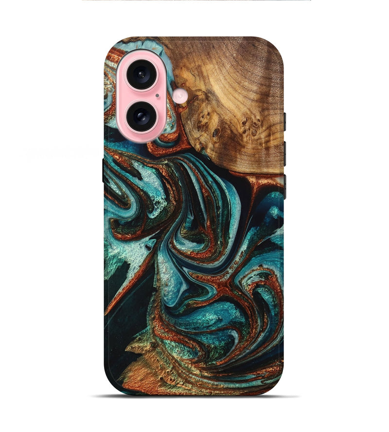 iPhone 16 Wood+Resin Live Edge Phone Case - Edna (Teal & Gold, 714703)