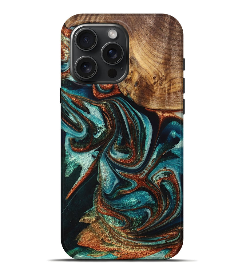 iPhone 16 Pro Max Wood+Resin Live Edge Phone Case - Edna (Teal & Gold, 714703)