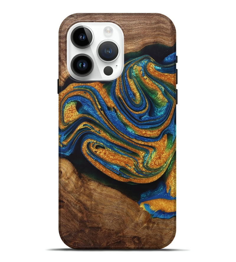 iPhone 15 Pro Max Wood+Resin Live Edge Phone Case - Ginger (Teal & Gold, 714902)