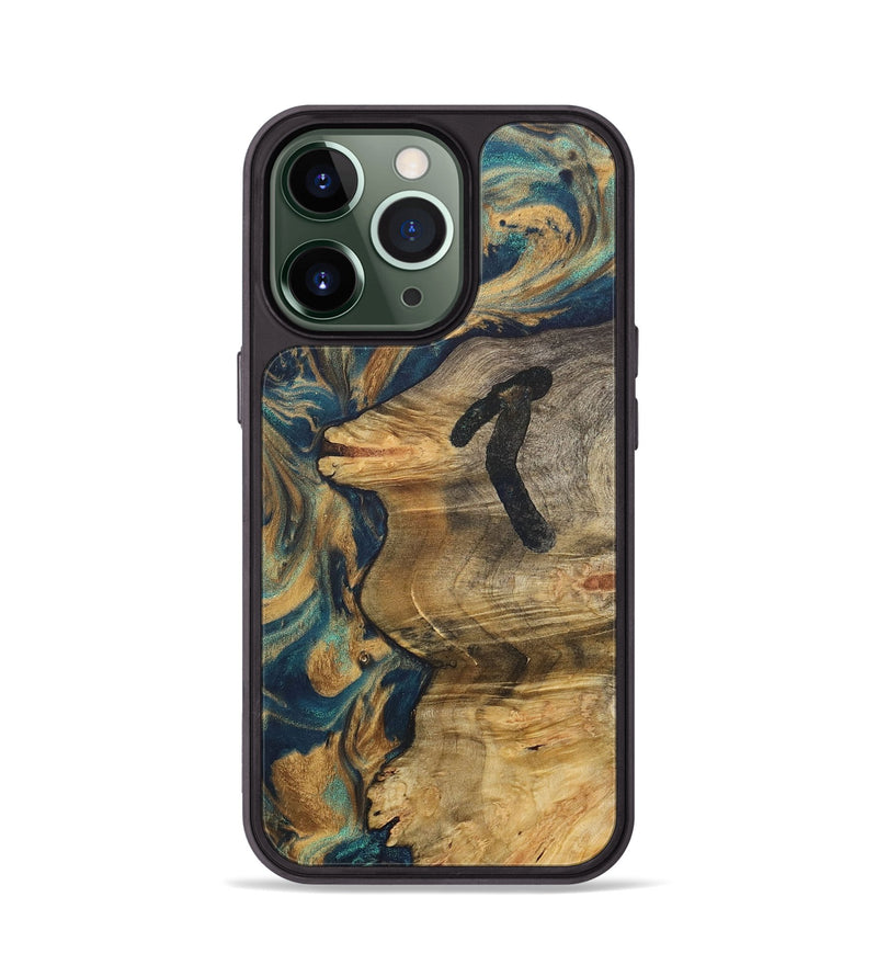 iPhone 13 Pro Wood+Resin Phone Case - Hallie (Teal & Gold, 715004)